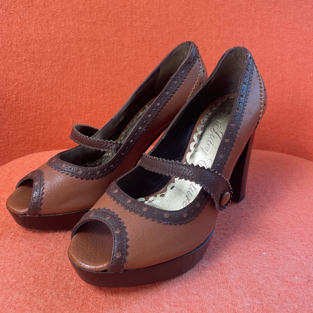 Juicy Couture Tan Leather Mary Jane Platform Y2K Block Heels VTG 90s Italy 6.5. - Picture 11 of 11
